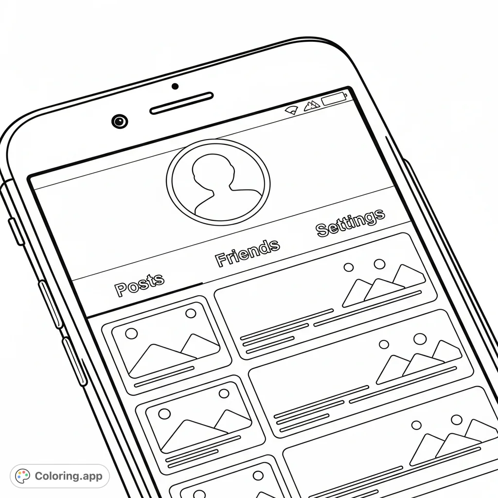 Color a detailed smartphone screen with a social media app interface, featuring an avatar, 'Posts', 'Friends', 'Settings' tabs, and generic feed items.