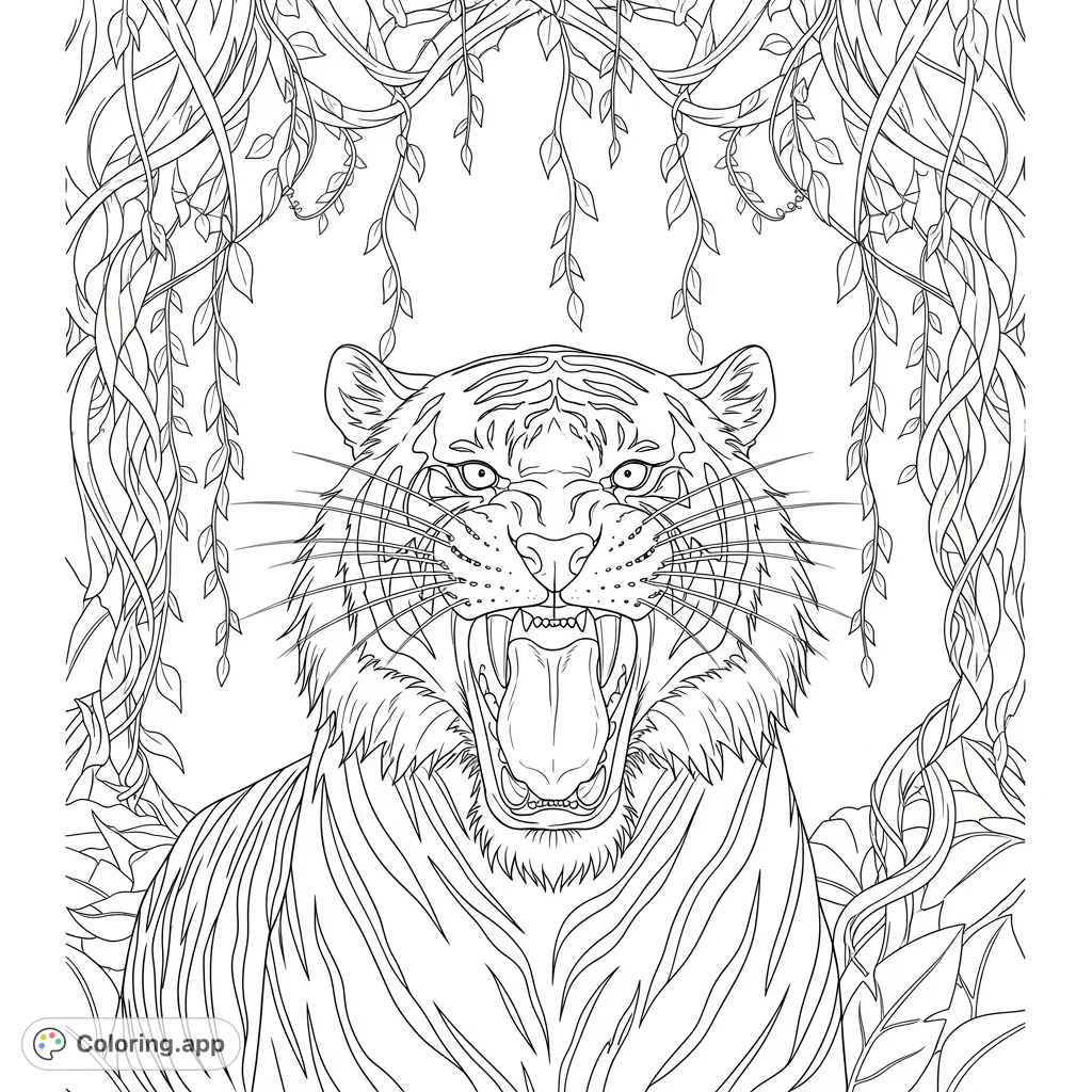 A powerful tiger roaring amidst dense jungle vines, showcasing its fierce presence. This free printable tiger roaring coloring page is perfect for animal lovers.
