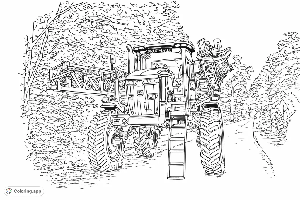 Color a powerful agricultural sprayer on a rural road, surrounded by dense foliage. Detailed farm machinery for enthusiasts to bring to life with creative hues.