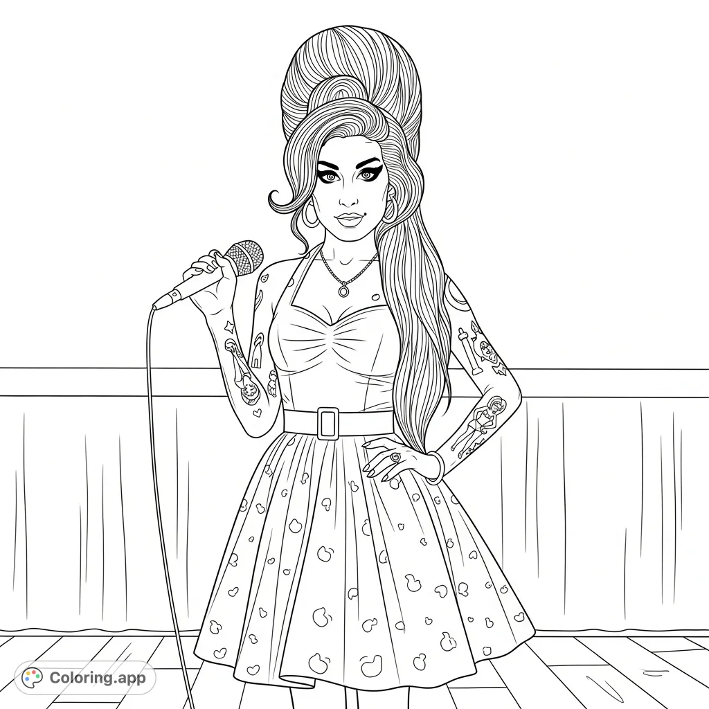 Capture the iconic style of Amy Winehouse! This detailed coloring page features her famous beehive, cat-eye liner, tattoos, and retro dress on stage.