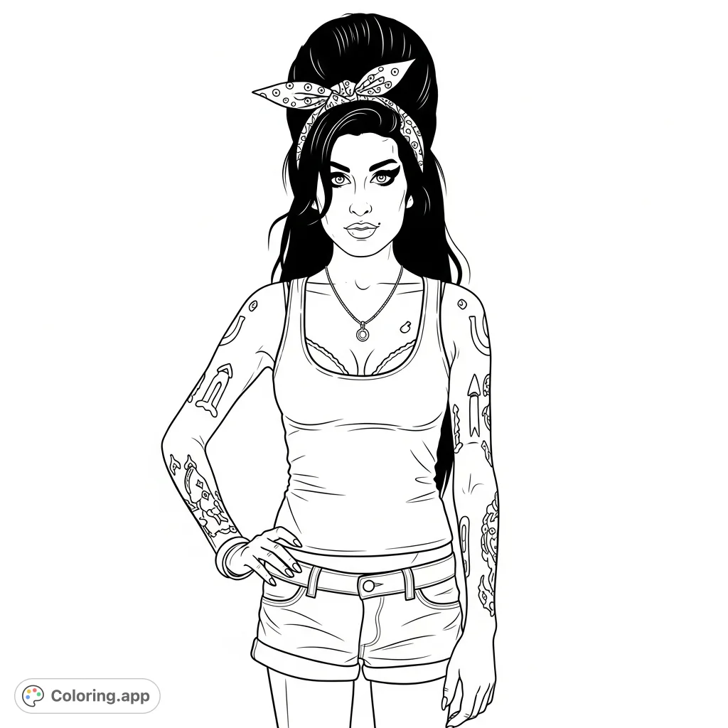 A captivating Amy Winehouse portrait featuring her iconic beehive, cat-eye eyeliner, tank top, shorts, and detailed tattoos. A tribute to her unique style.