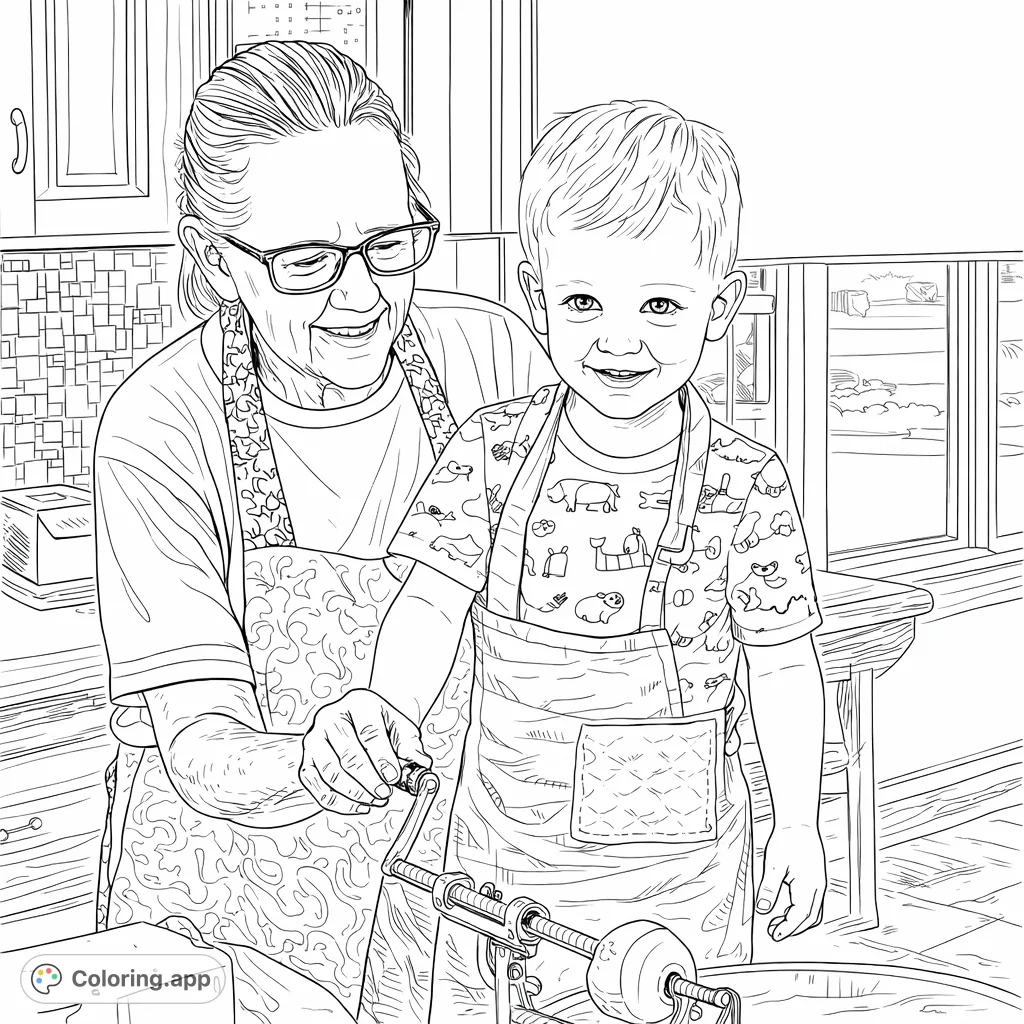 A heartwarming scene of a grandparent and child working together in the kitchen, learning to peel apples with a classic peeler. Perfect for family-themed coloring.
