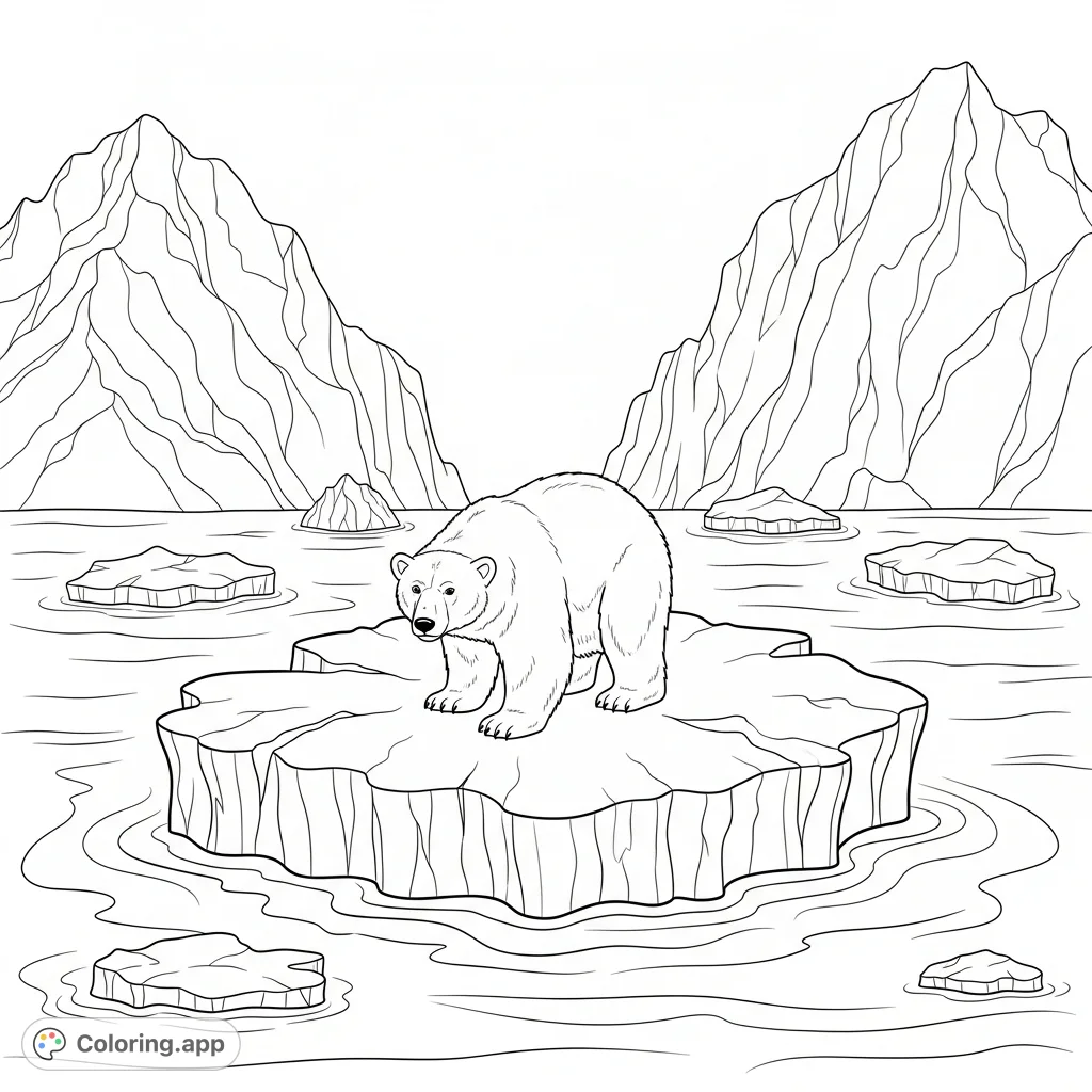A lone polar bear on a fractured iceberg highlights a poignant Arctic scene amidst melting ice and distant mountains, perfect for a thoughtful coloring experience.