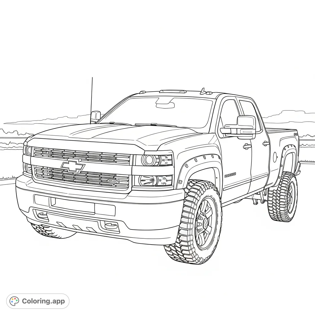 Unleash your creativity with this detailed Chevy 1500 HD squatted truck coloring page, featuring a unique stance and robust design. Perfect for truck enthusiasts!