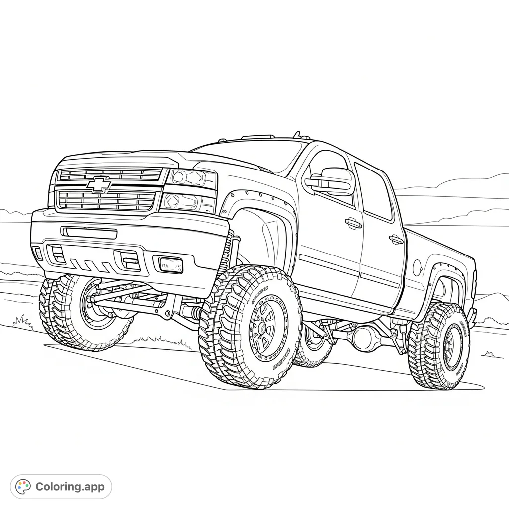 Color a unique Chevy 1500 HD truck with a distinct stance: front lifted high on rugged tires and the back lowered. Perfect for truck enthusiasts.