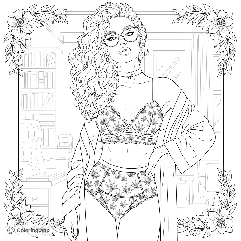A confident woman in intricate lace lingerie and a silk robe, posing in a plush study, offering a sophisticated and detailed coloring experience for adults.