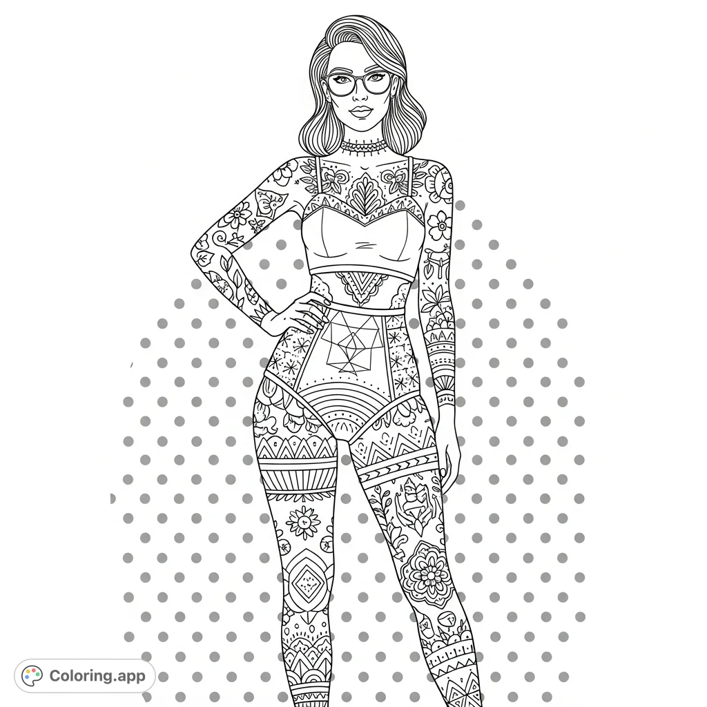 A stylish woman confidently poses, adorned with extensive, intricate tattoo patterns covering her arms, legs, and torso. Perfect for detailed coloring.