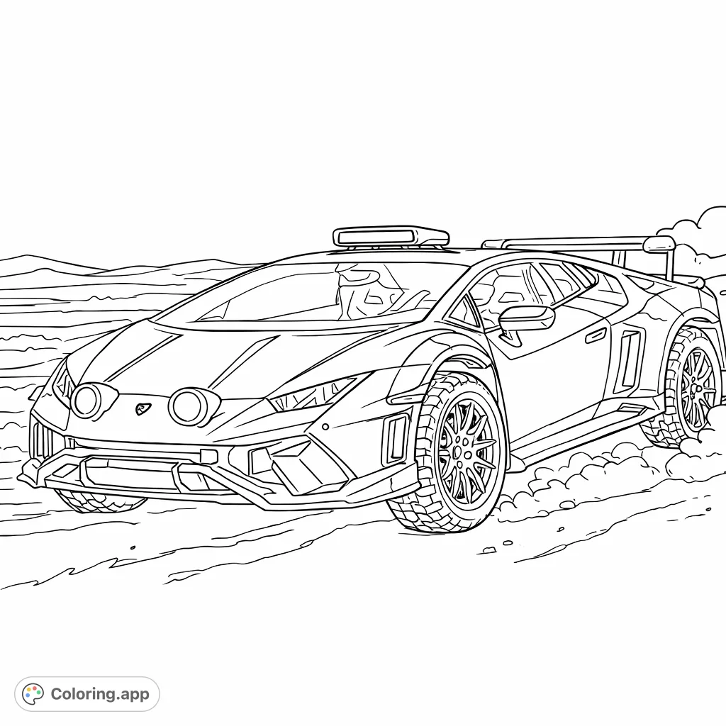 High-performance sports car kicking up dust in an open landscape. Perfect for car enthusiasts to color with dynamic energy and intricate details.