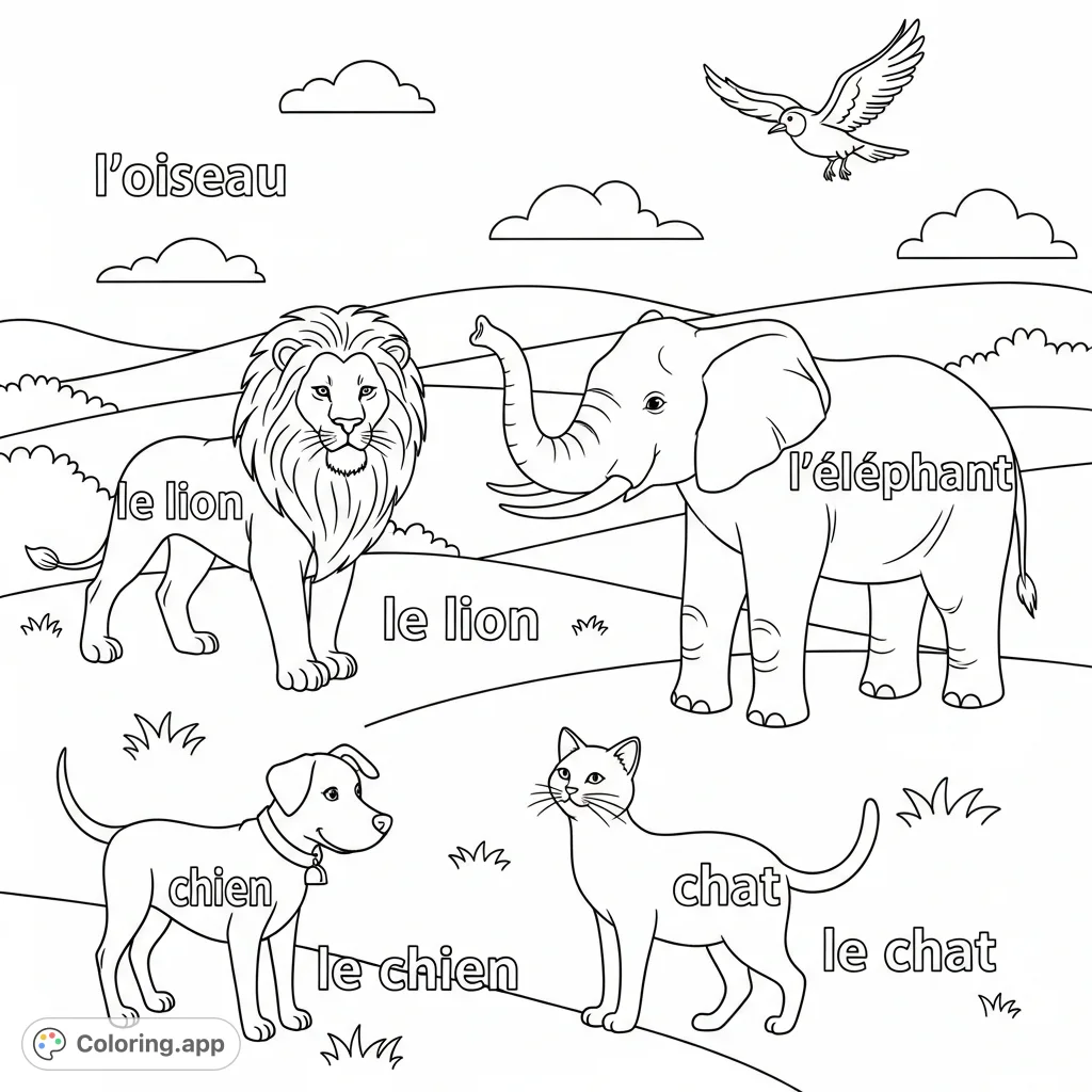 Discover and color a fun French words for animals coloring page! Features various animals with their French names for an engaging learning experience.