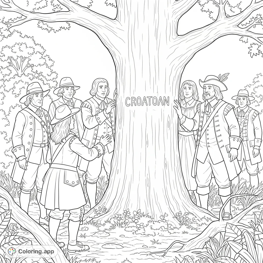 Explore the historical mystery of the Lost Colony on Roanoke Island. English explorers discover the cryptic 'Croatoan' carved into a tree trunk amidst dense foliage.
