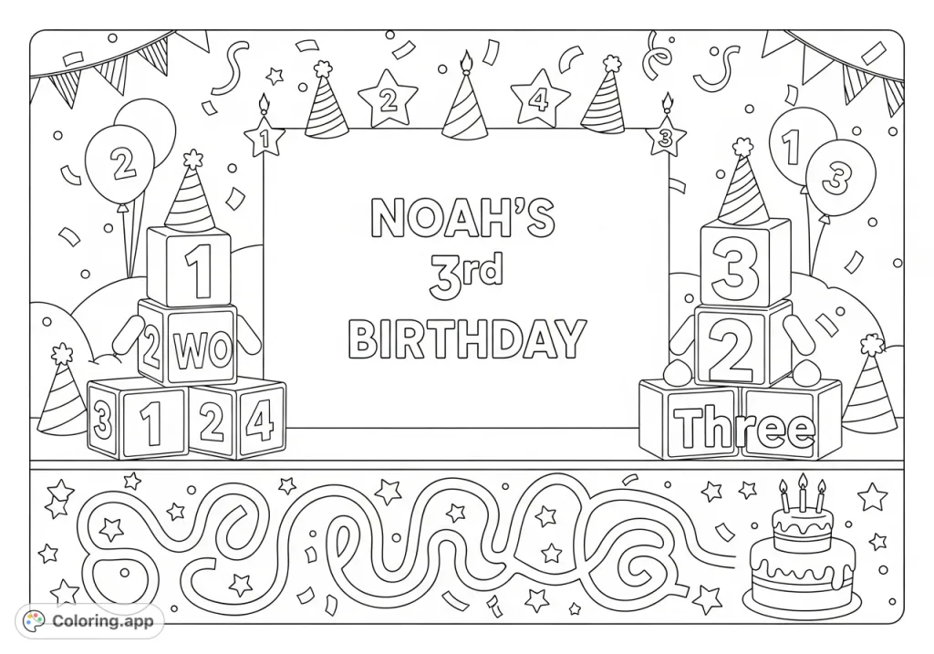 A delightful Numberblocks birthday placemat featuring One, Two, Three, counting elements, a maze, and "Noah's 3rd Birthday" text. Perfect for young fans!