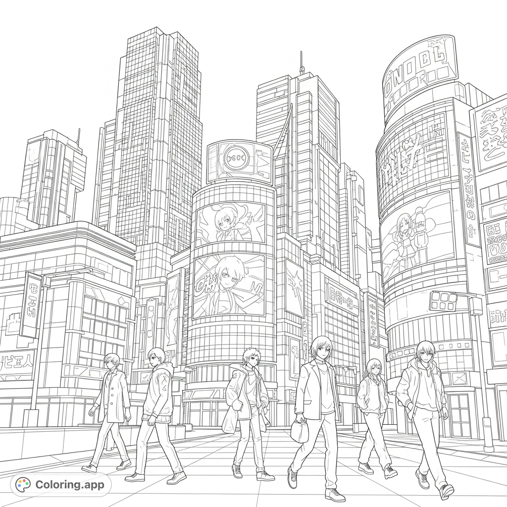 Immerse yourself in a dynamic anime-inspired cyberpunk city, featuring towering screens, intricate Japanese architecture, and stylish characters.