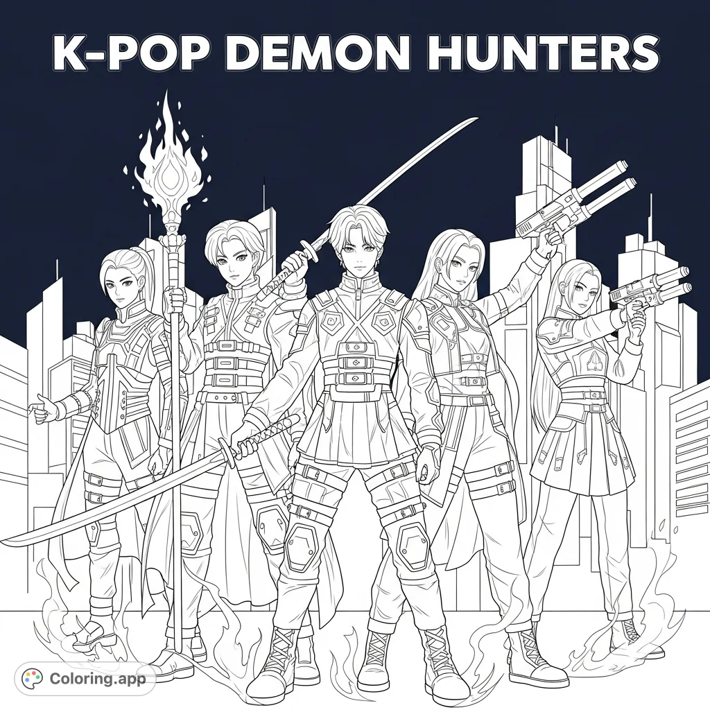 Join a stylish Kpop demon hunter squad in dynamic action! Intricate outfits, unique weapons, and an urban fantasy setting await your creative colors.