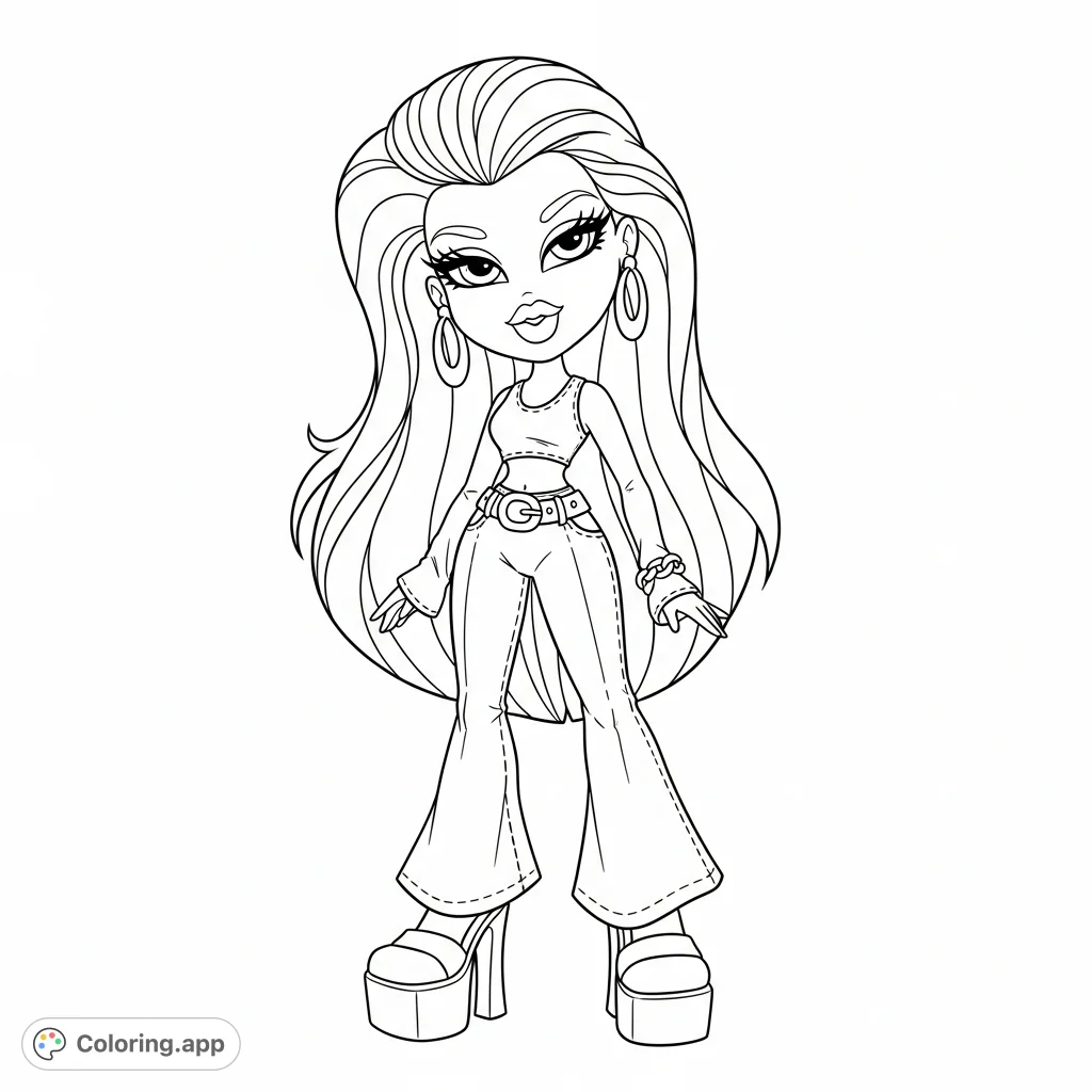 Unleash your creativity with this stylish Bratz doll coloring page, featuring iconic 2000s fashion, voluminous hair, and glamorous makeup details.