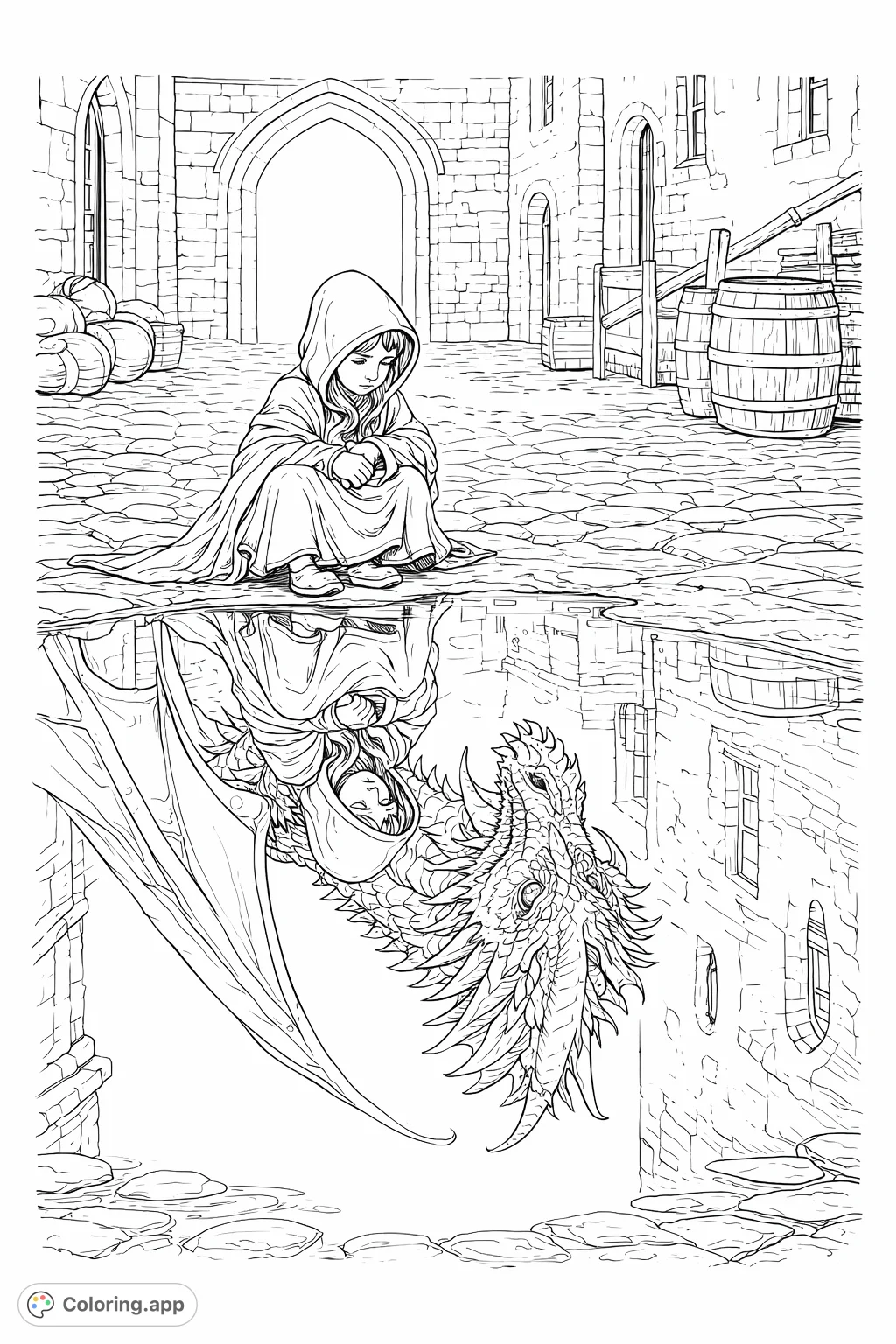 A mysterious hooded figure gazes into a puddle, revealing a powerful dragon reflection in an ancient town. A fantasy scene perfect for imaginative coloring.