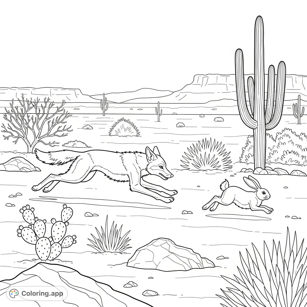 A dynamic desert animals coloring page featuring a swift coyote in mid-chase after a quick rabbit, set against a backdrop of iconic desert flora and rocky terrain.