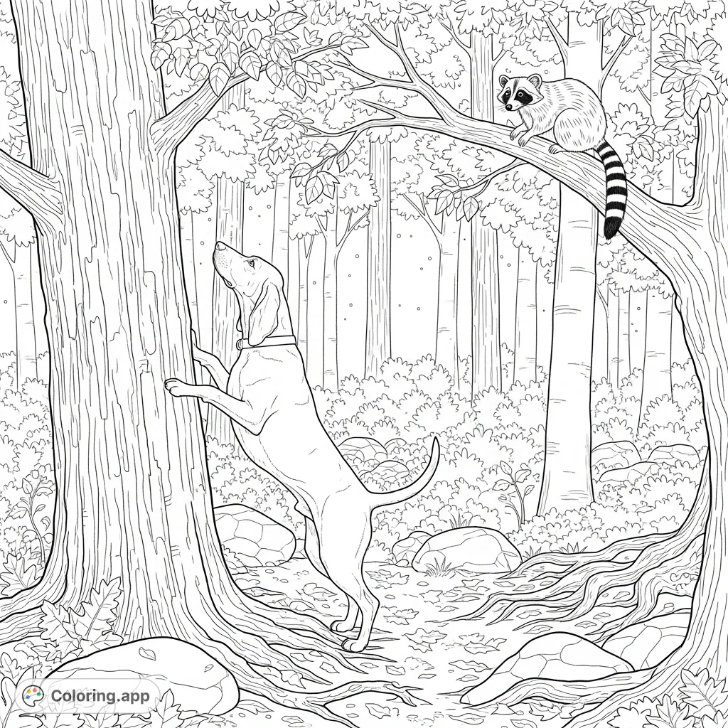 Experience the thrill of a night hunt with Dan the Coonhound, barking at a clever racoon high in a gnarled tree, surrounded by a detailed night forest.