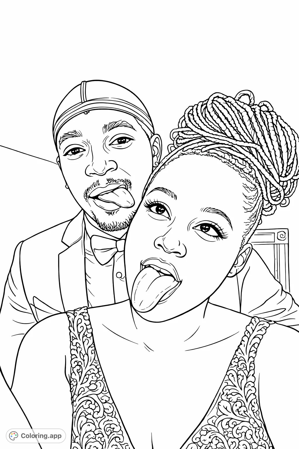 Capture a moment of playful fun with this duo striking a silly pose. Perfect for those who love expressive, modern characters and intricate fashion details.