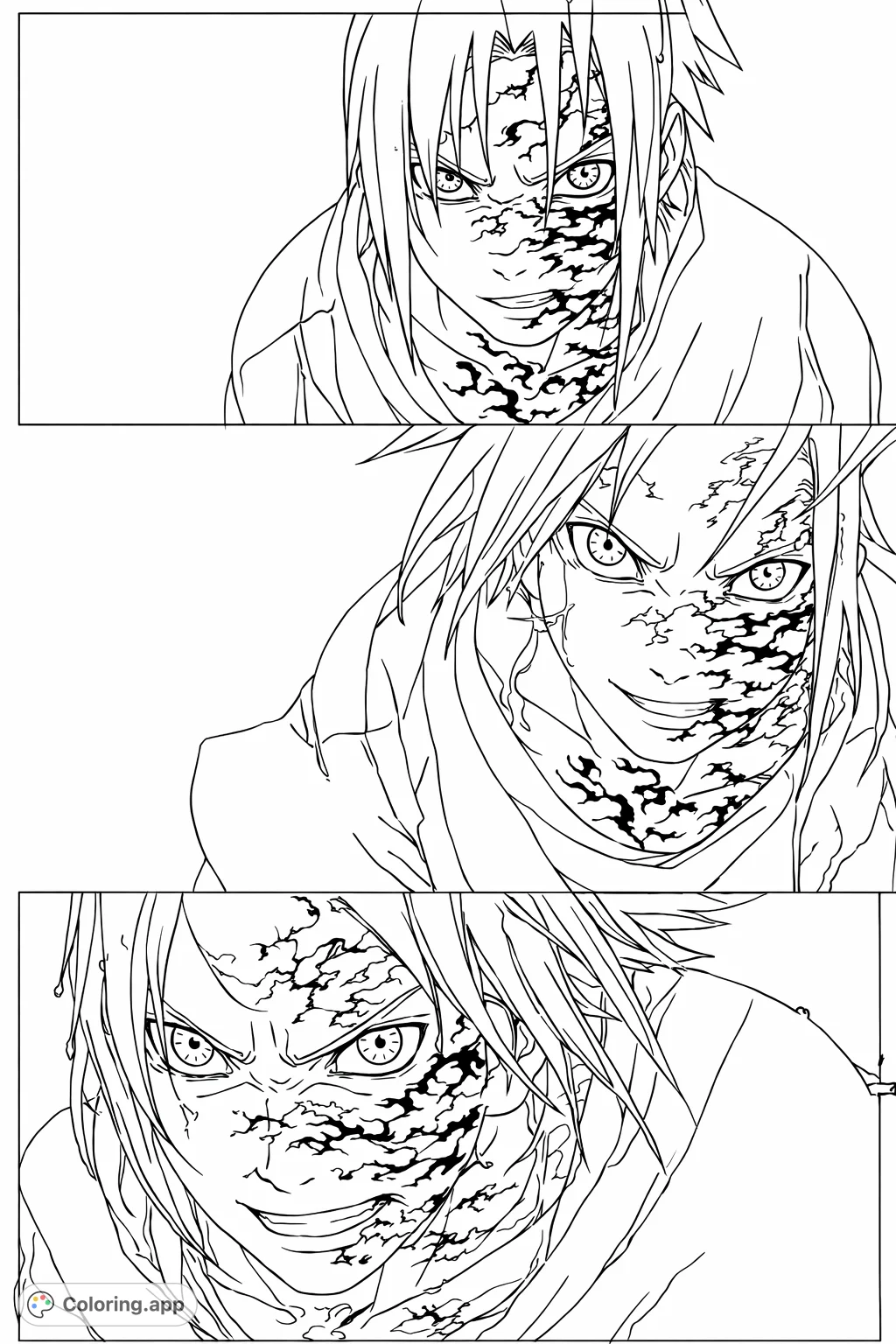 An intense anime character with a spreading cursed mark, depicted across three panels showing a powerful transformation. A dramatic coloring page for fans of action.