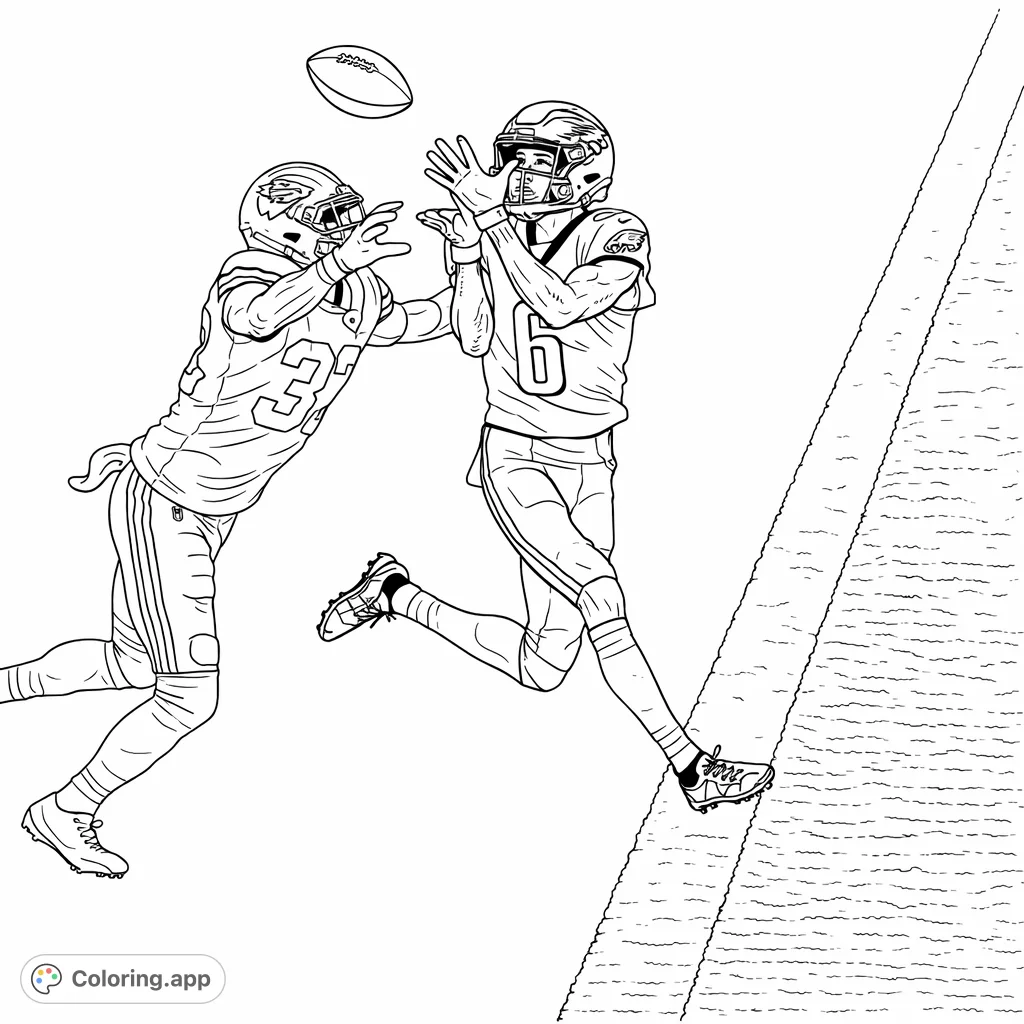 Capture the thrill of a football game with this action-packed coloring page featuring two players vying for a mid-air catch on the field.