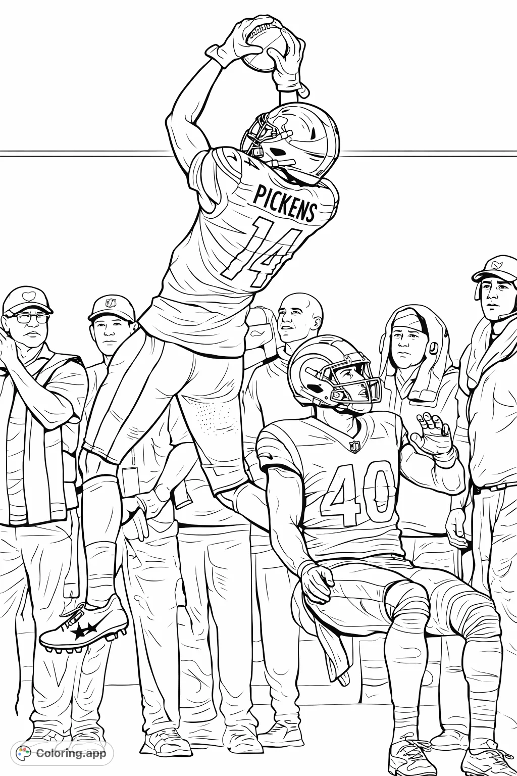 Experience the thrill of a football game with this action-packed coloring page. An athlete makes an incredible airborne catch, a defender attempts to block.