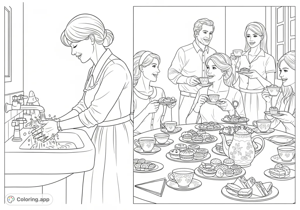 A delightful coloring page showing friends washing hands and enjoying a cozy afternoon tea with pastries, sandwiches, and warm drinks, perfect for relaxation and social scenes.