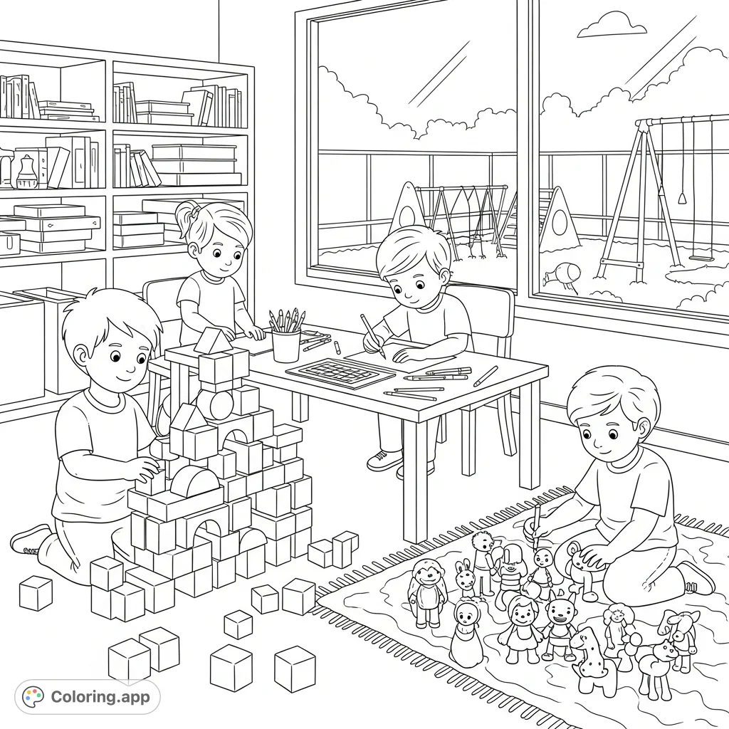 Explore a lively before and after school care coloring page, where kids enjoy blocks, art, and toys. A free printable full of engaging play!