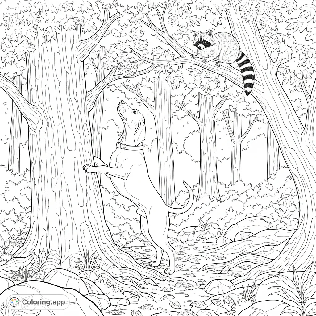 Dan the Walker Coonhound bays at a racoon perched in a dense, moonlit forest, surrounded by intricate foliage and natural textures.