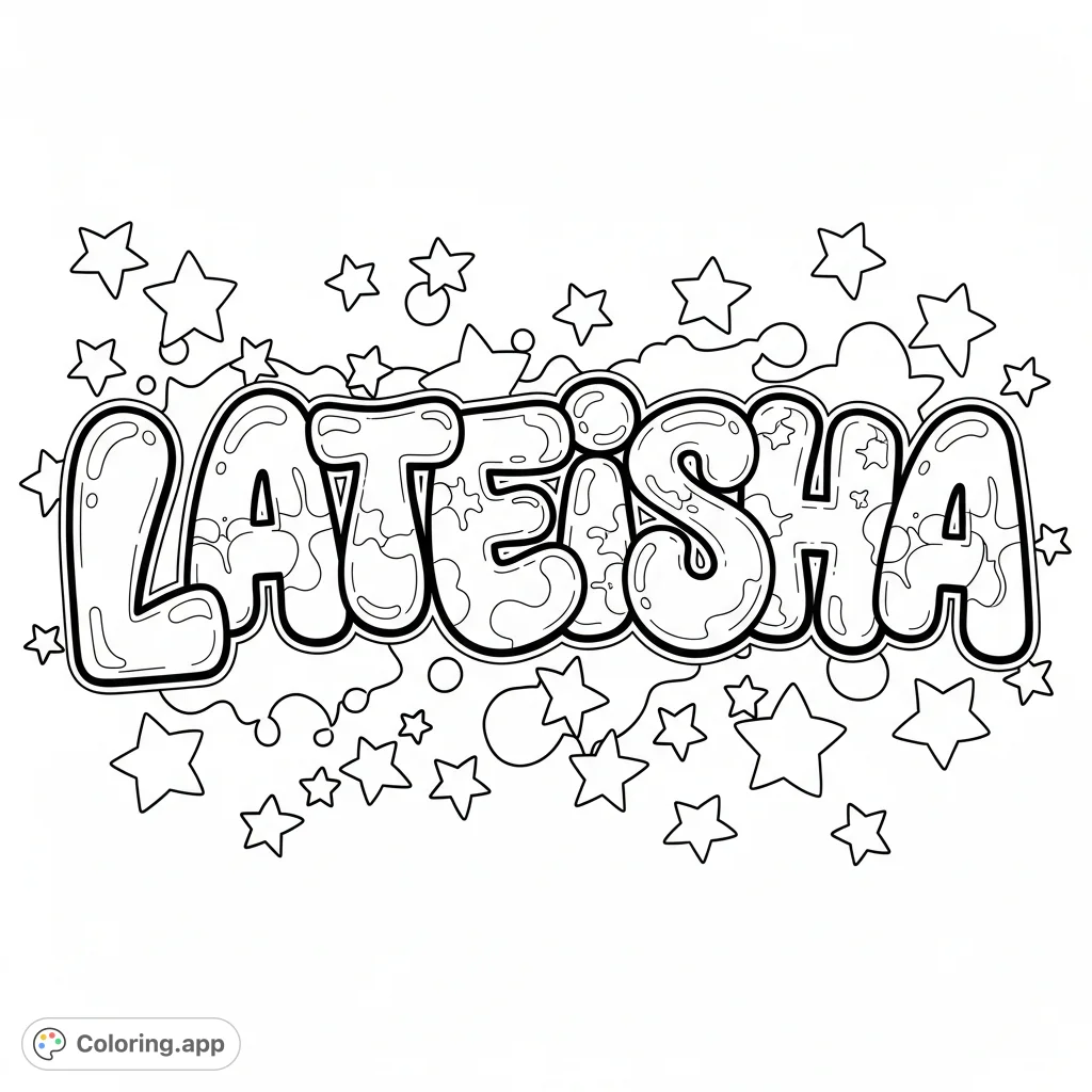 Color the name Lateisha in bubbly graffiti style letters with scattered stars. A personalized and energetic design perfect for creative expression.