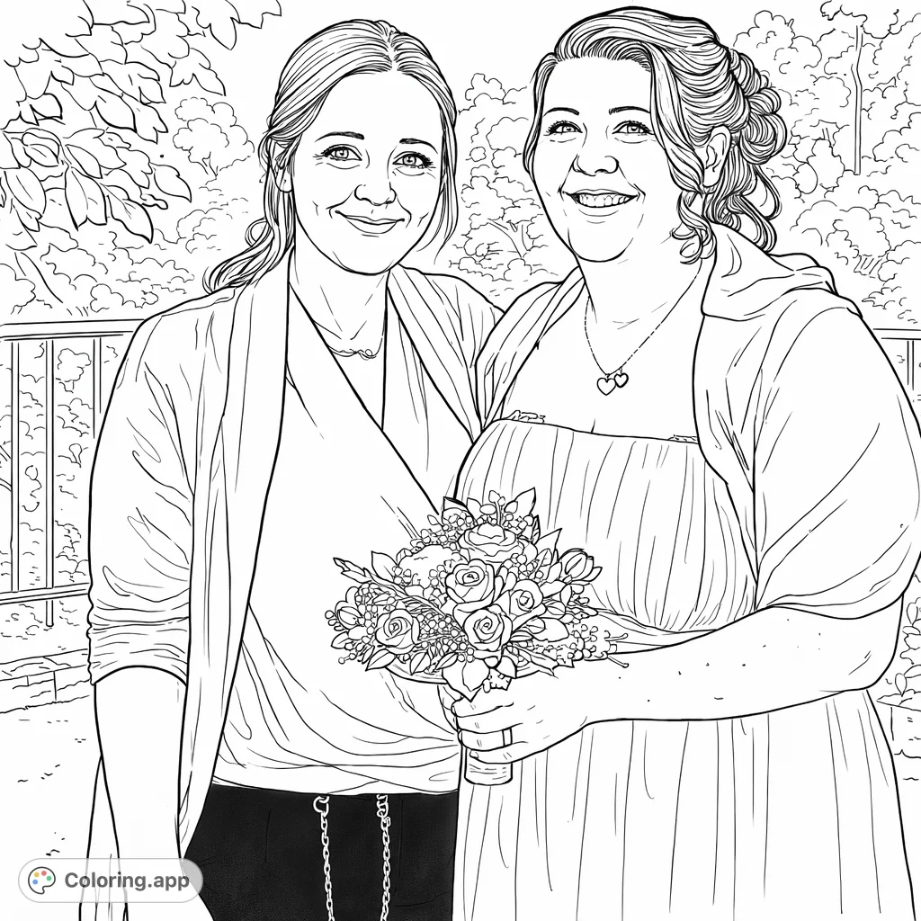 A heartwarming celebration scene featuring two women, one holding a beautiful floral bouquet. Perfect for bringing friendship and joy to life with your chosen palette.