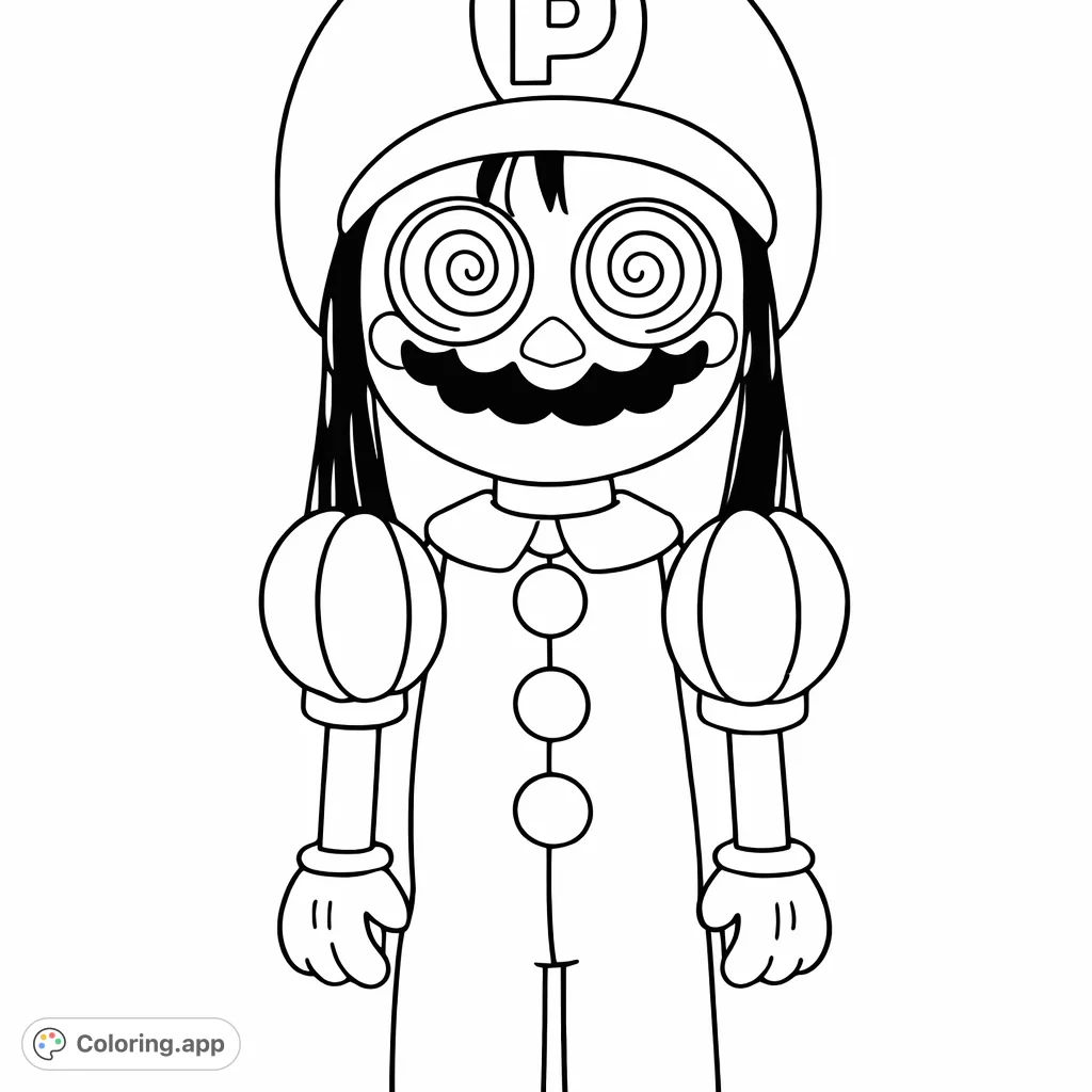 Dive into coloring this whimsical puppet character wearing a distinctive P-hat, featuring large spiral eyes and puffed sleeves. Perfect for imaginative fun!