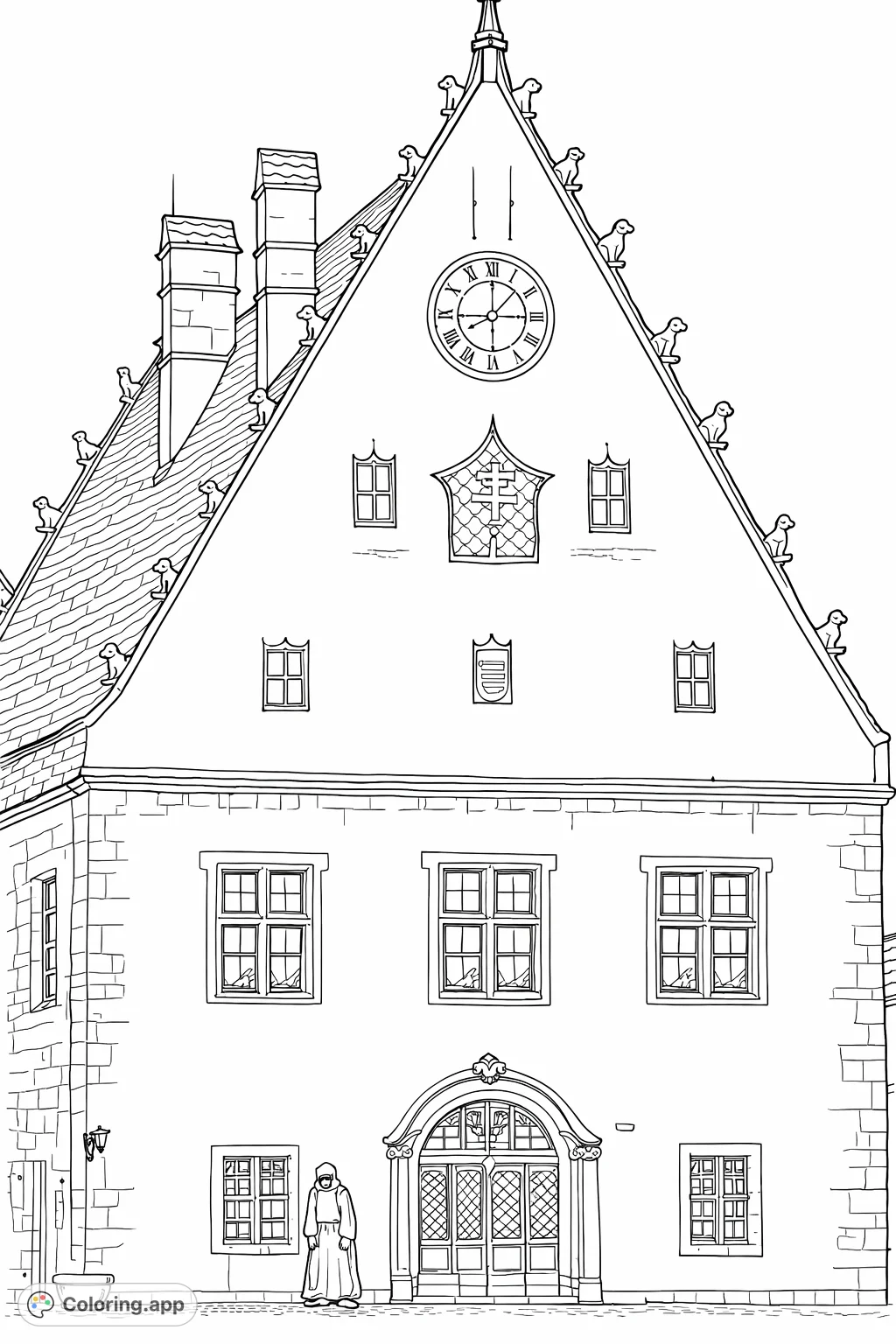 Color a detailed historic building facade with an intricate clock, coat of arms, tiled roof, stone blocks, and a sculpted figure. A challenging and rewarding architectural coloring page.