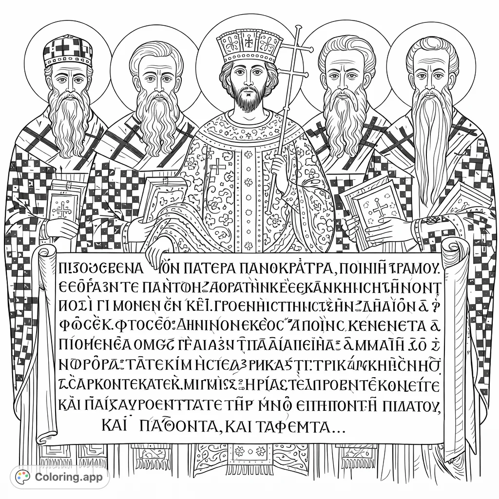 An intricate Byzantine icon depicting a council of saints and a crowned figure holding a significant scroll, ideal for meditative coloring.