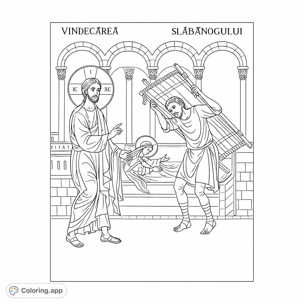 A compelling religious scene showing a miraculous healing, featuring detailed figures, architectural elements, and intricate patterns for mindful coloring.