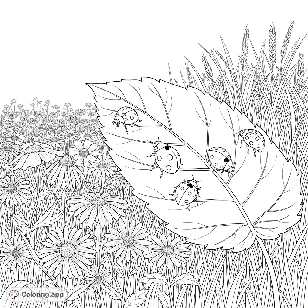 A charming wildflower field coloring page featuring several ladybugs resting peacefully on a detailed leaf, surrounded by blooming wildflowers and natural textures.