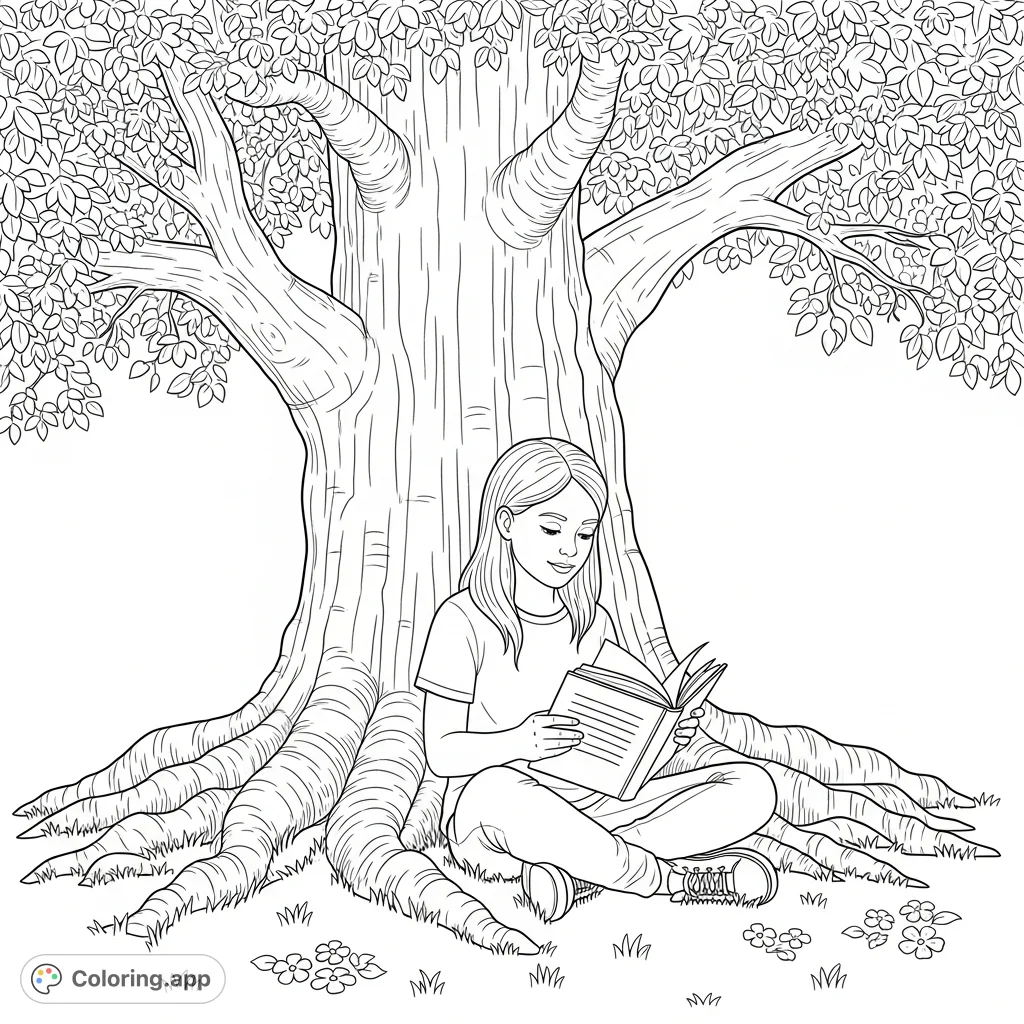 A serene 12-year-old girl is engrossed in a book, nestled comfortably by a majestic tree. A peaceful scene, perfect for imaginative colorists seeking calm.