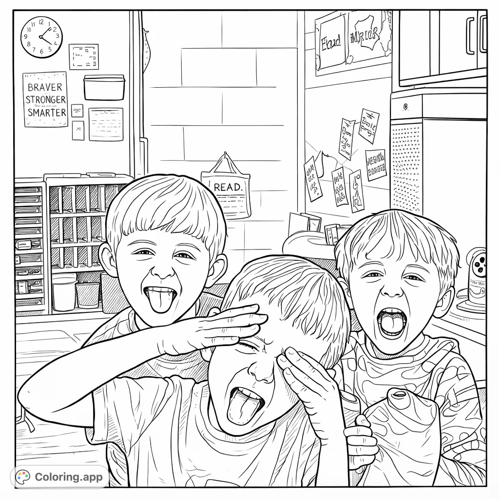Capture the fun of three boys making silly faces in a lively classroom. A cheerful and expressive coloring page for youthful creativity.