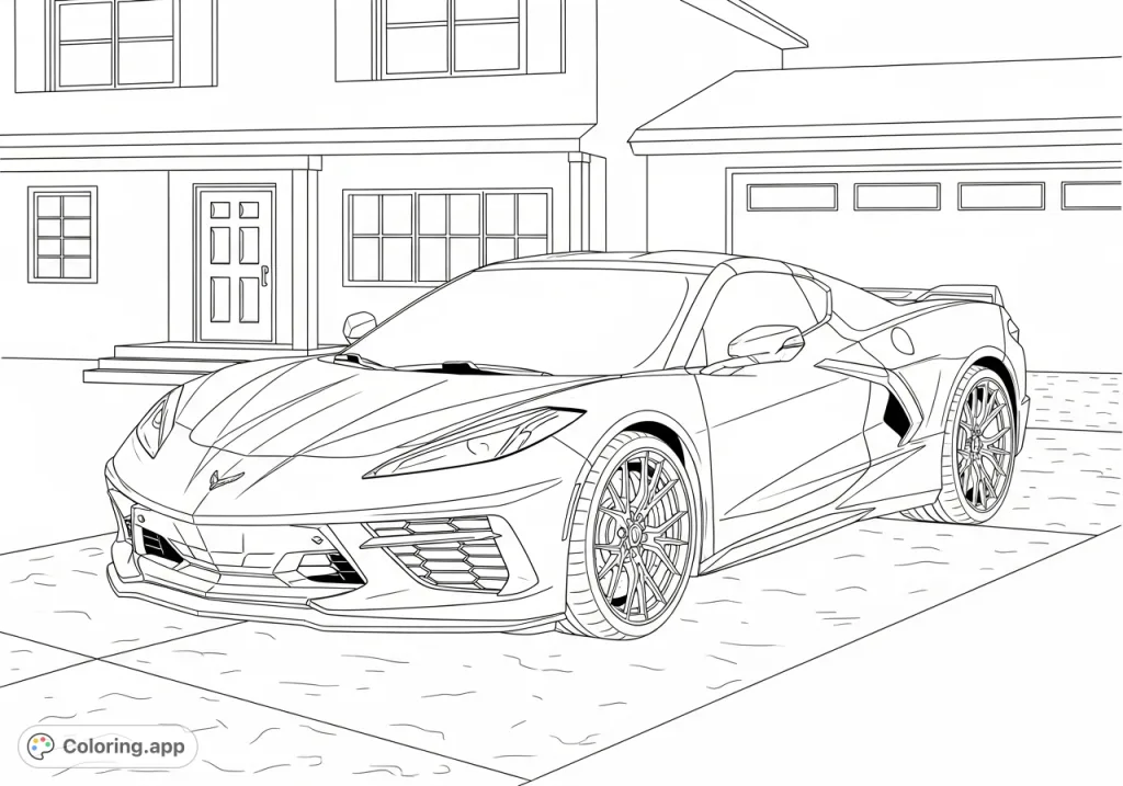 Capture the sleek power of a 2025 Corvette Z06 parked elegantly on a driveway in front of a house. A detailed automotive coloring page for enthusiasts.