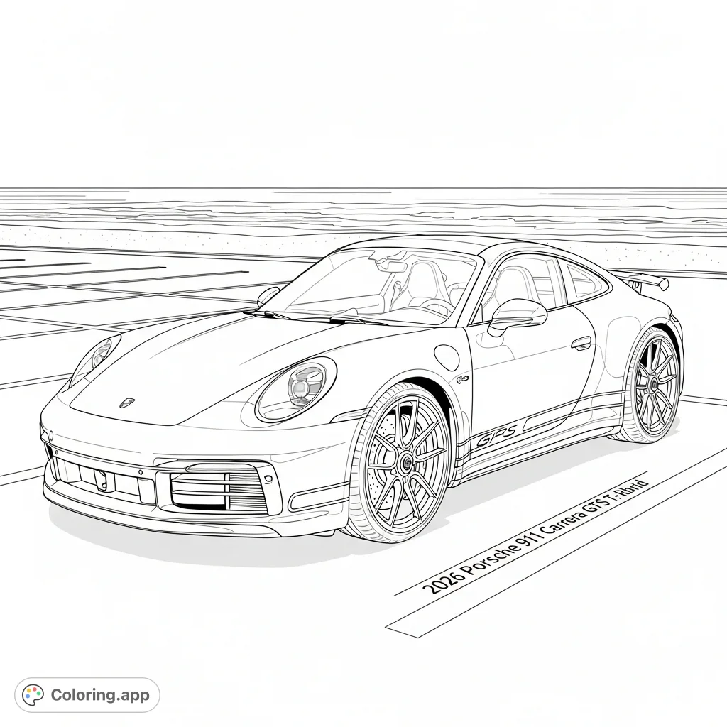 Capture the elegance of a "2026 Porsche 911 GTS T-Hybrid" parked by a serene beach and parking lot. A detailed automotive coloring page for enthusiasts.