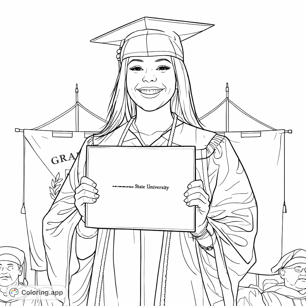 Celebrate success with this graduation coloring page featuring a smiling graduate in cap and gown holding a diploma. Perfect for marking achievements!