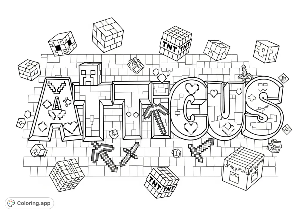 A dynamic Atticus graffiti coloring page, featuring bold letters infused with iconic Minecraft elements like creepers, pickaxes, and pixelated blocks, perfect for fans.