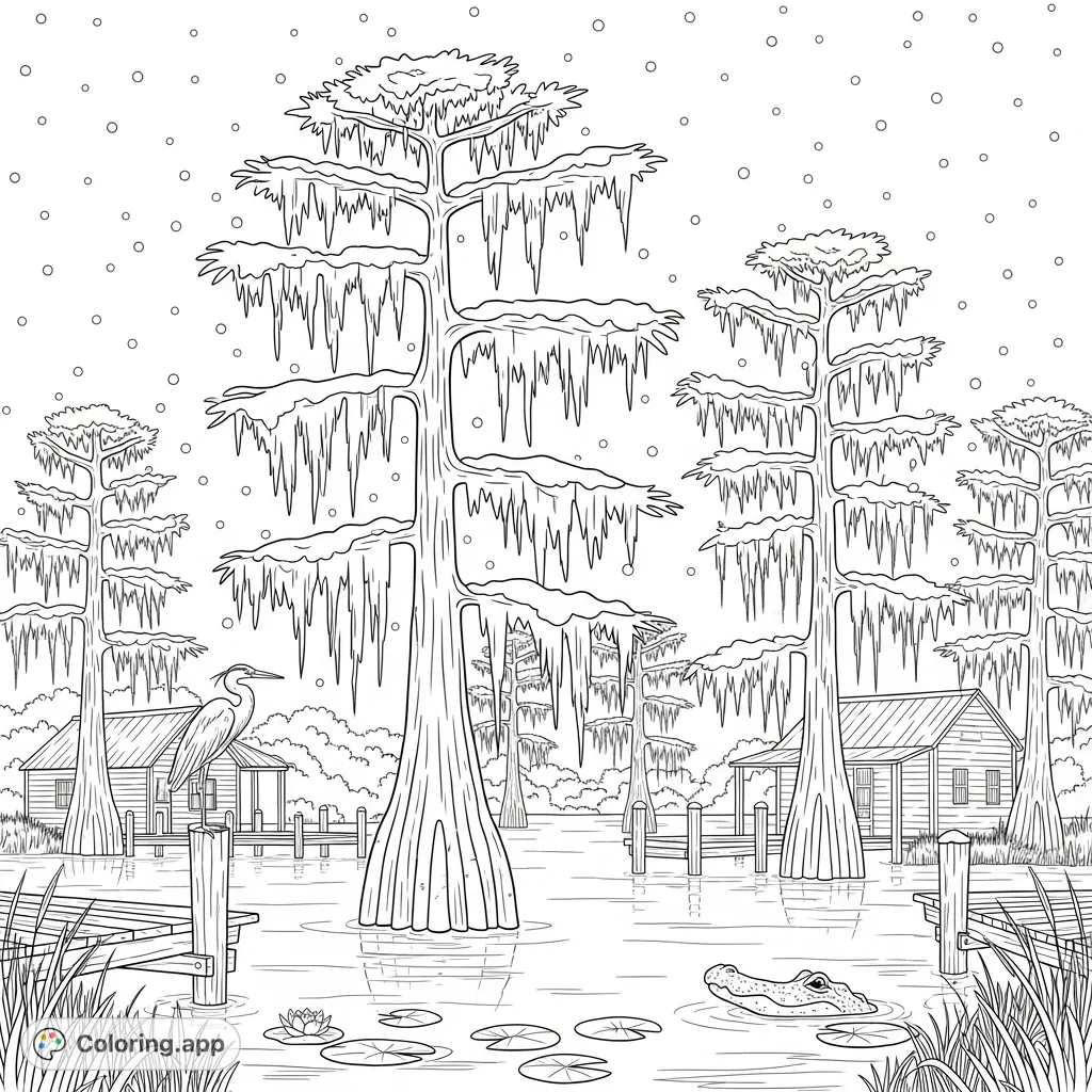 Experience a unique bayou scene transformed by a gentle snowfall. Cypress trees, draped moss, rustic shacks, and wildlife create a serene, unexpected winter landscape.