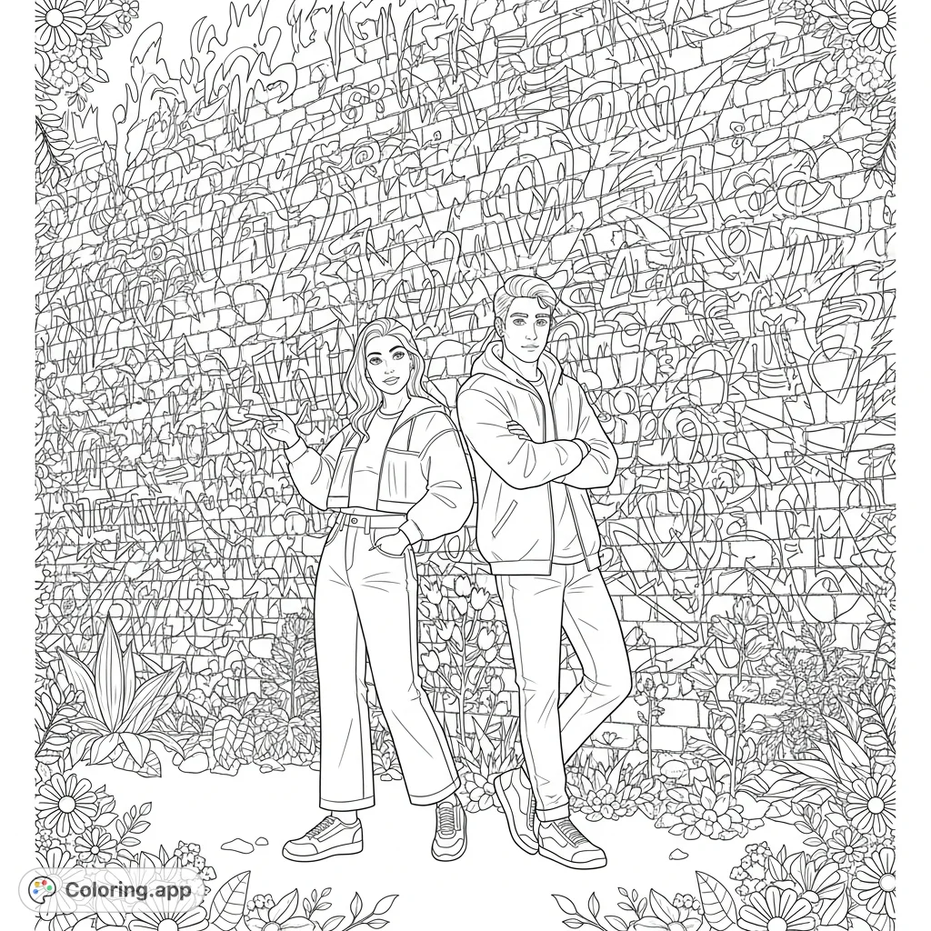 A dynamic graffiti coloring page featuring Lindsey and Aaron against a detailed brick wall, covered in layered urban art and expressive typography. Unleash your creativity!