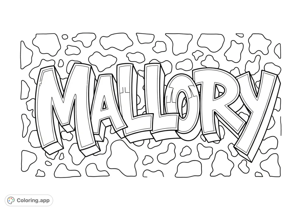 A dynamic Mallory graffiti coloring page featuring bold, dimensional letters and a playful cow print background. Perfect for personalized art and creative expression!
