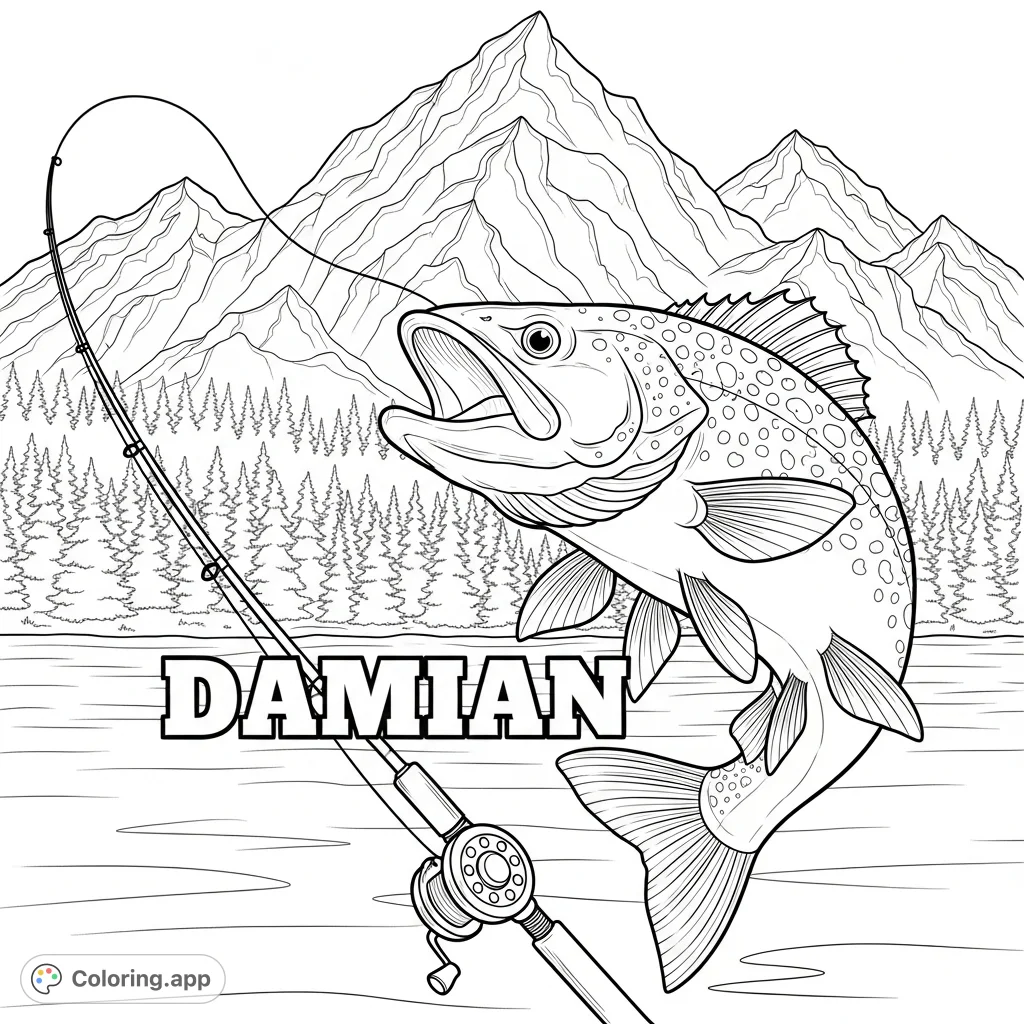 Capture the excitement of a dynamic fishing adventure featuring a magnificent leaping fish, rugged mountains, dense forests, and a personalized touch.