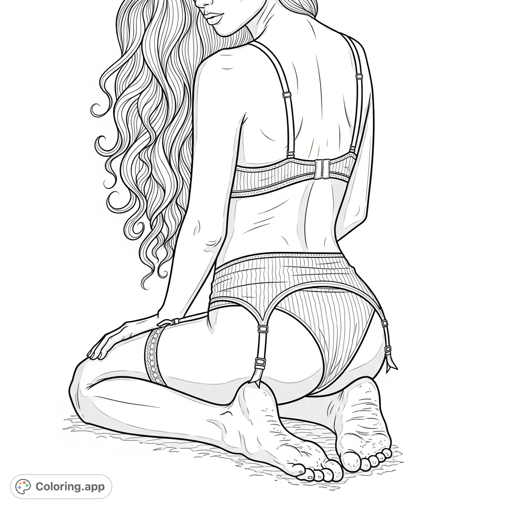 An artistic and sensual coloring page featuring a woman kneeling away from the viewer, adorned in a bra and garter belt, with long, curled hair and bare, earthen feet.
