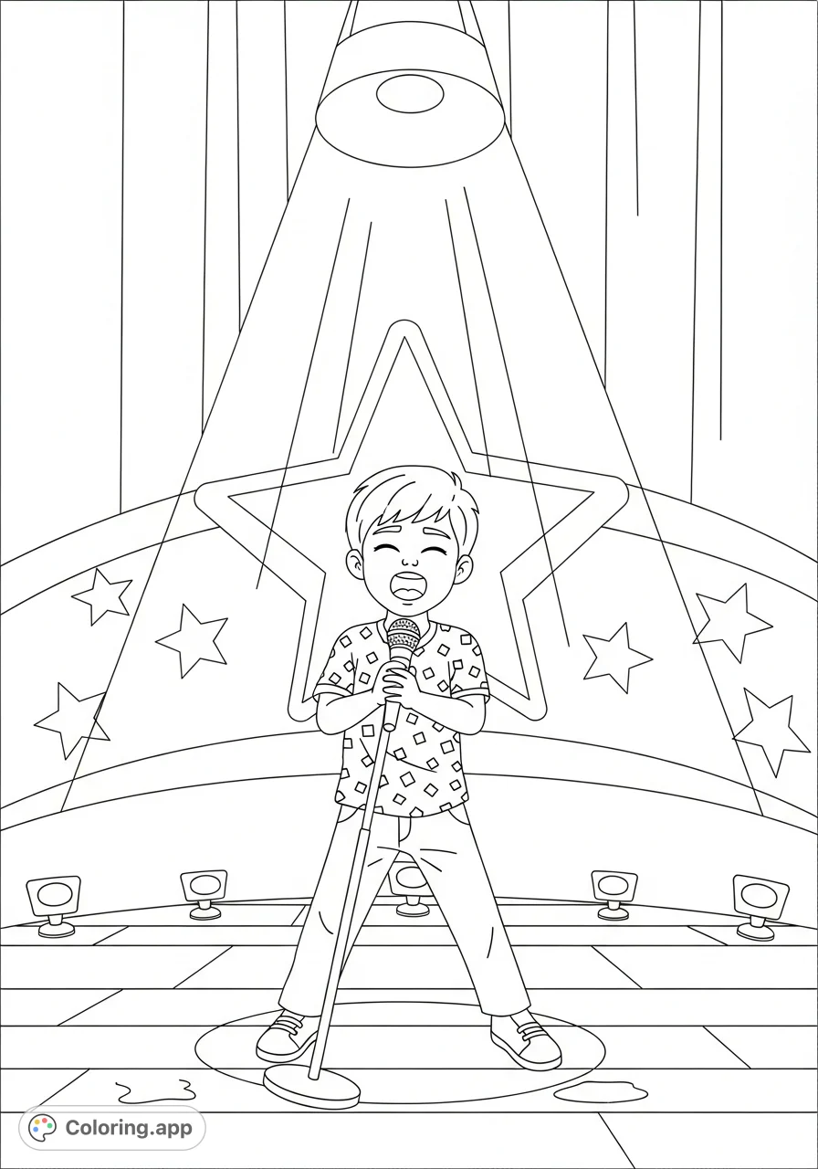 Capture the joy of music with this boy singing enthusiastically on stage, microphone in hand. A dynamic scene perfect for aspiring young performers and music lovers.