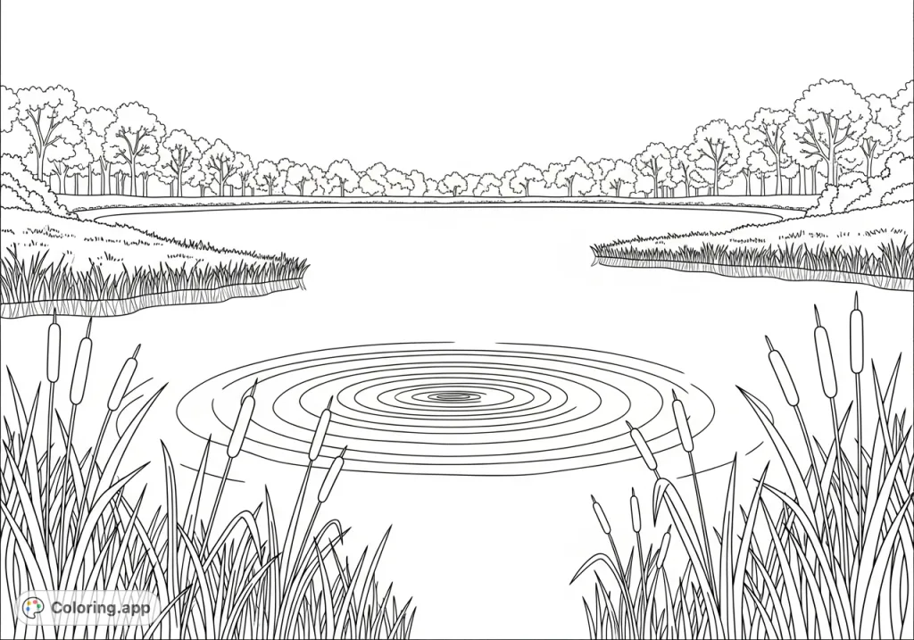 Discover serenity with this calm pond coloring page, featuring gentle ripples and minimal woodland foliage for a peaceful, mindful coloring experience.