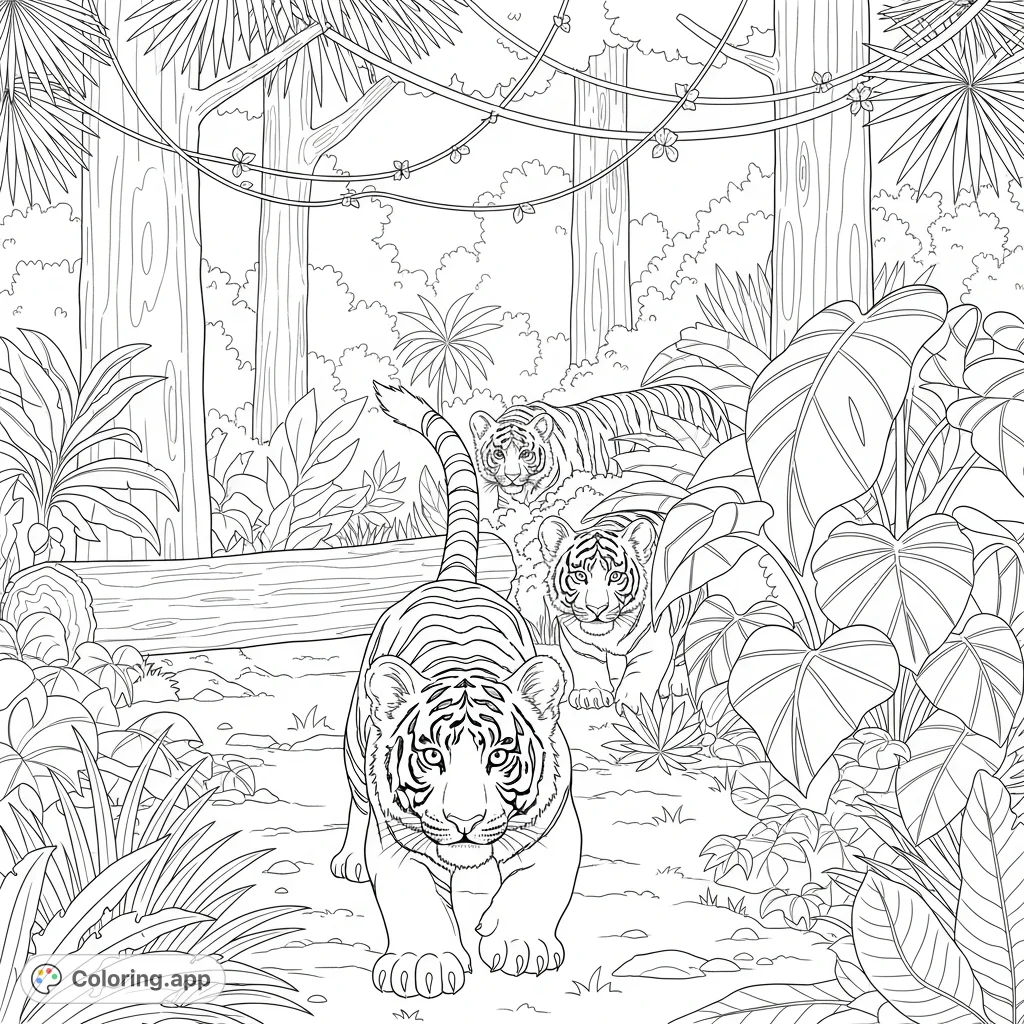A captivating jungle tiger cubs coloring page featuring three young tigers stealthily prowling amidst lush foliage and ancient trees, ready for adventure.