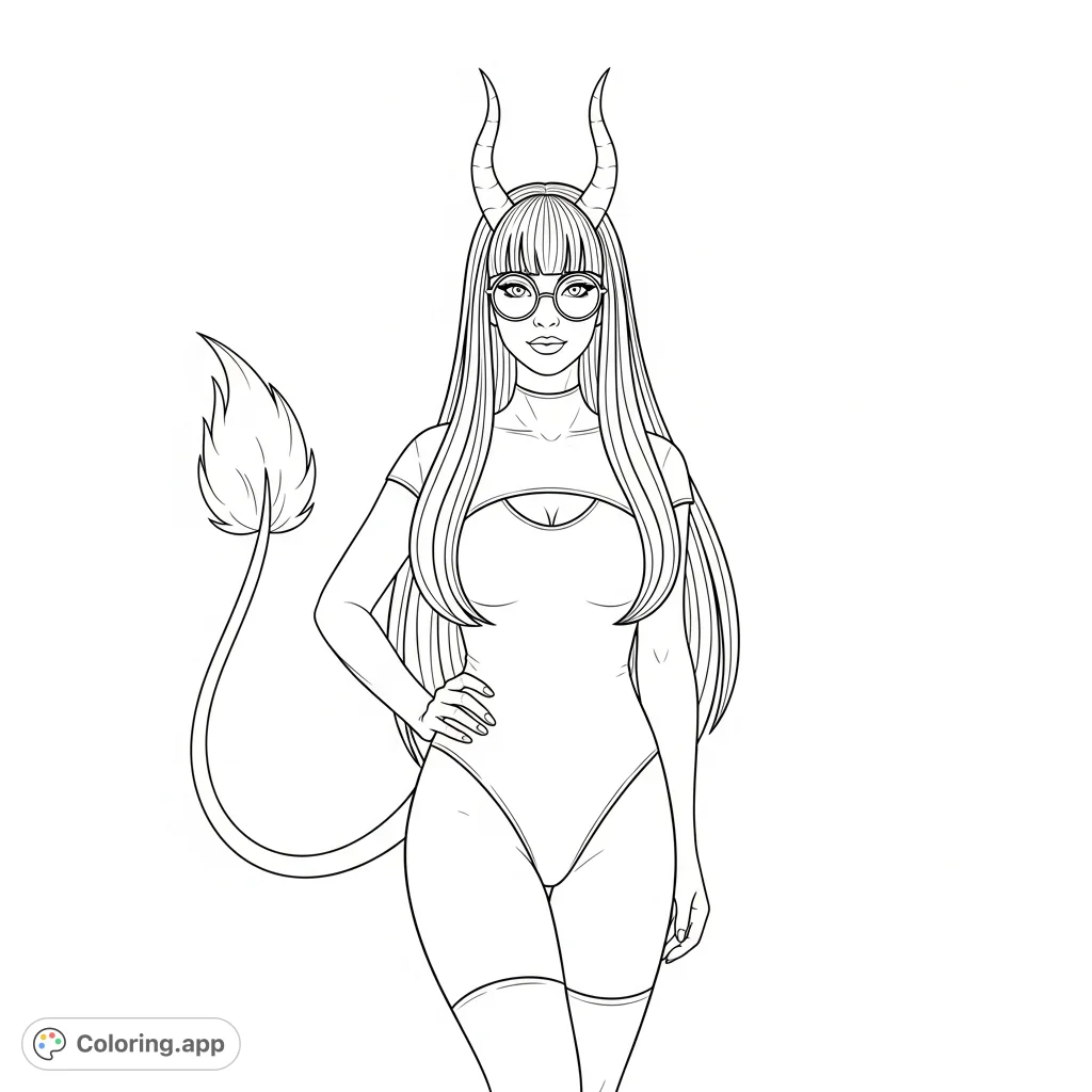 A captivating character with waist-length hair, demon-like horns, circular glasses, a huge fluffy tail, and a stylized bodysuit with leggings.